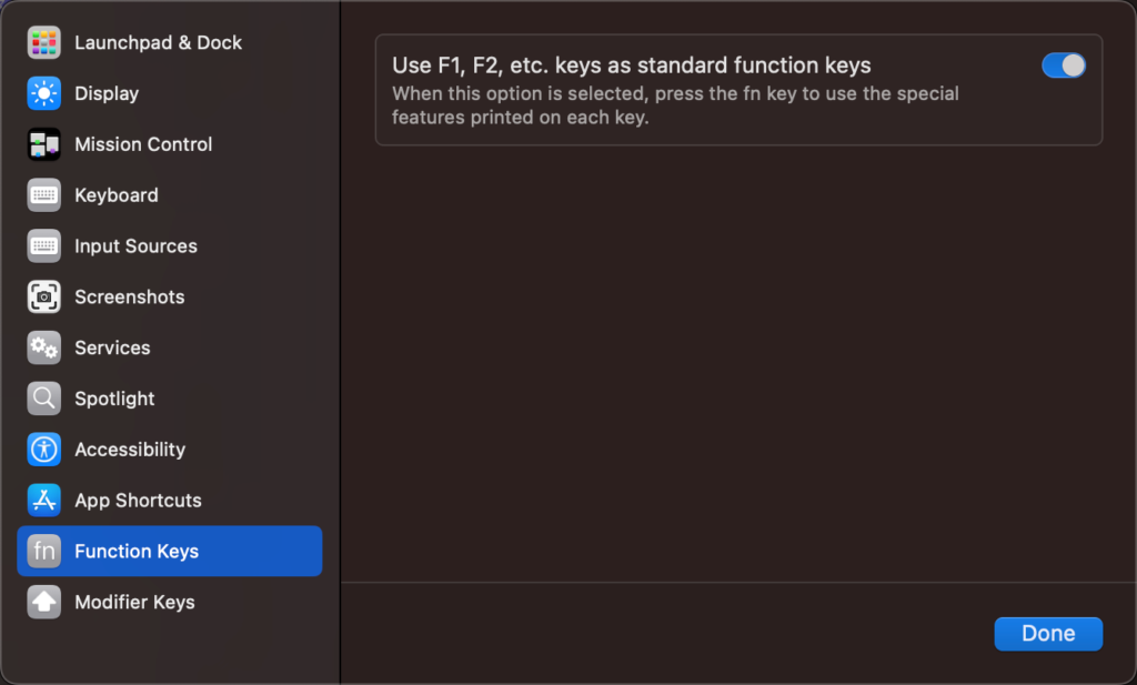 Mac OSのKeyboardの設定でFunctionキーを標準のファンクションキーとして使う、に設定